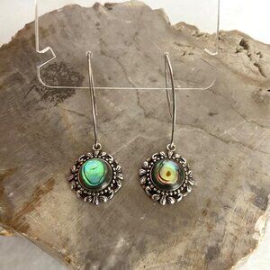 Sterling Silver 925 Round Abalone Threader Style Dangle Drop Earrings